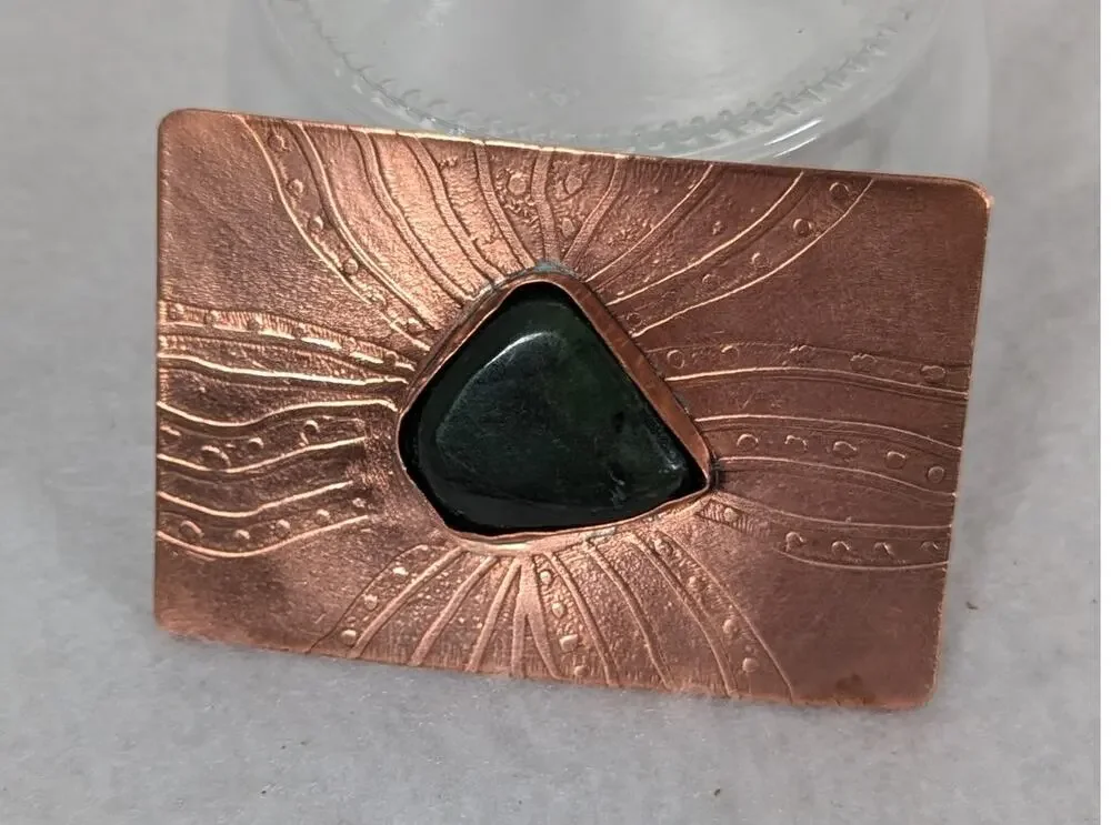 Vtge Hand etched Copper belt buckle with Jade 27/8